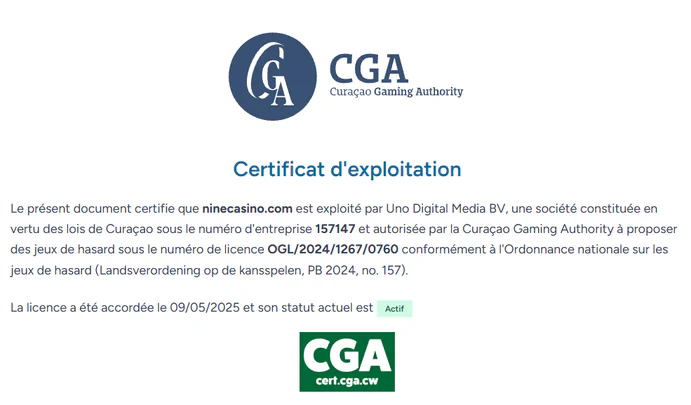 Certificat de licence du casino Nine délivré par la Curaçao Gaming Authority avec statut actif
