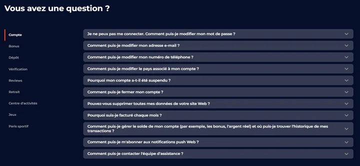 Section FAQ du casino Nine avec réponses sur le compte, les bonus, les dépôts, les retraits et l’assistance